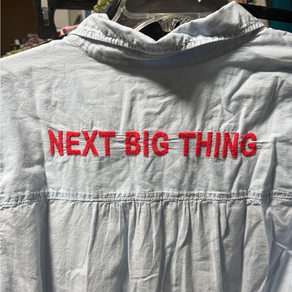 Aerie Rare Next Big Thing Light Blue Shirt with Red Embroidery